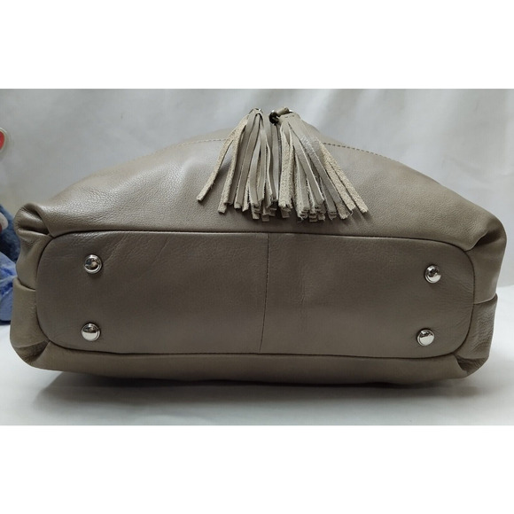 B. Makowsky Gray Leather Drawstring Zipper Pockets Shoulder Bag - Picture 8 of 16